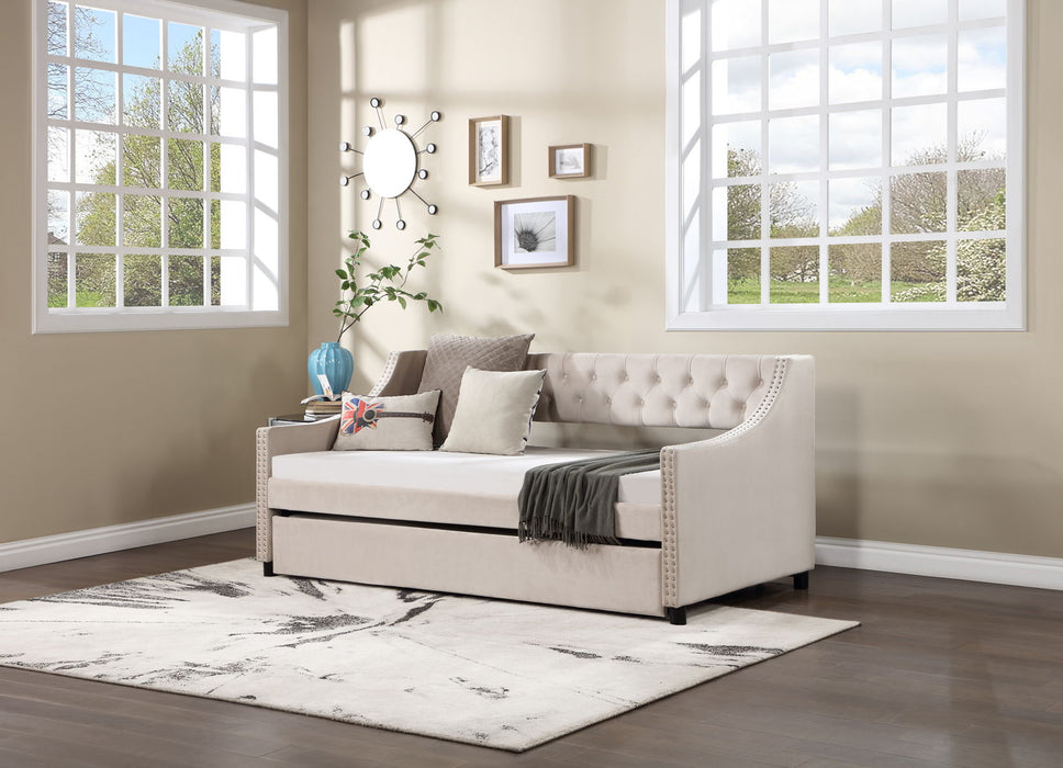 Upholstered Daybed With Trundle, Twin Size Frame, Beige