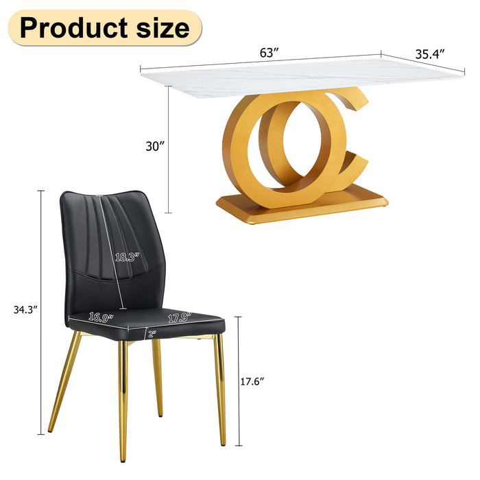 A Modern Minimalist Rectangular Dining Table Suitable For 6 - 8 People, A Set of 6 Piece PU Leather Backrest And Gold Metal Legs Modern Dining Chairs