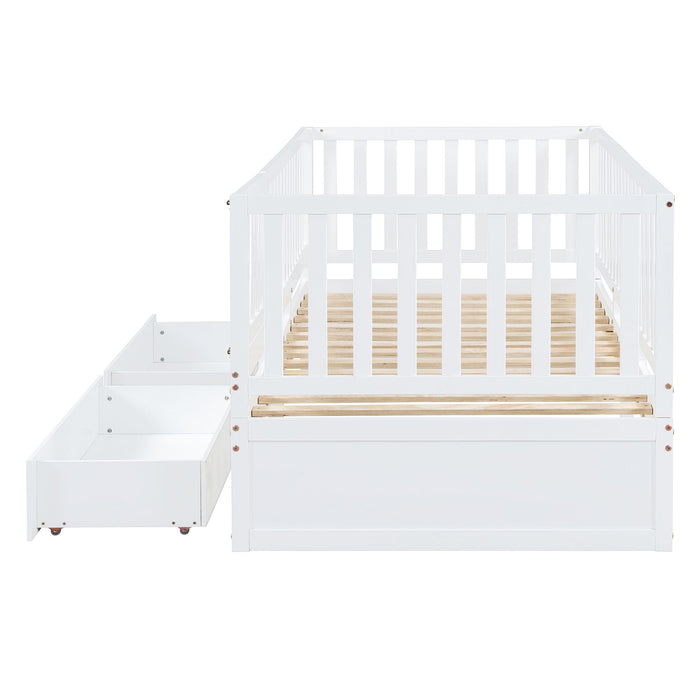 Daybed With Fence Guardrails And 2 Drawers, Split Into Independent Floor Bed & Daybed