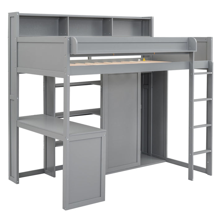 Loft Bed With Built In Desk, Storage Shelves, And Wardrobe