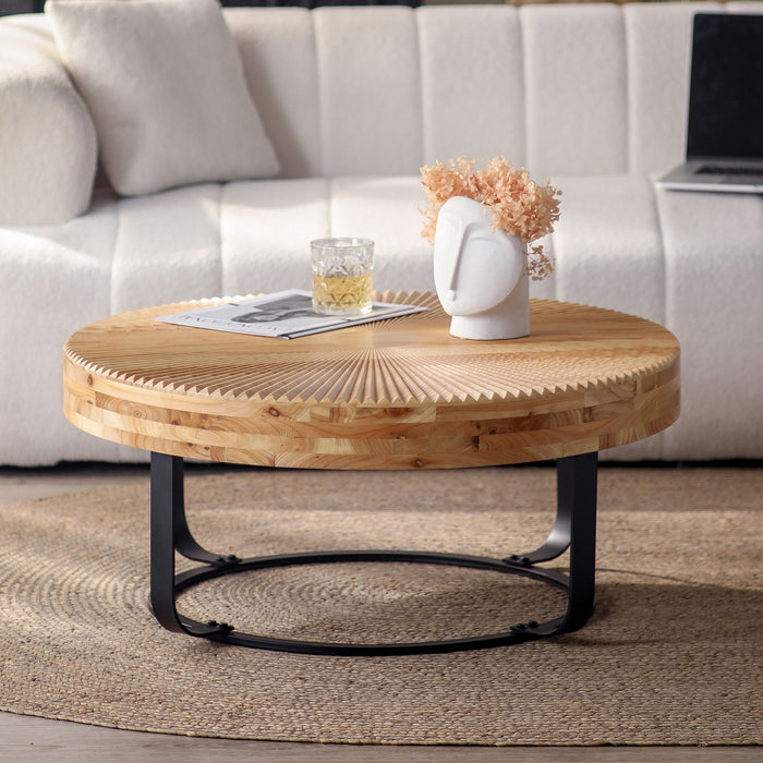 Modern Round Coffee Table With Wooden Carving Pattern