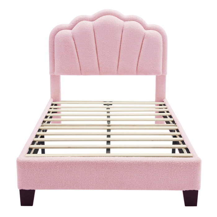 Upholstered Elegant Flowers Headboard With LED Light Strip, Platform Bed With Slats Support