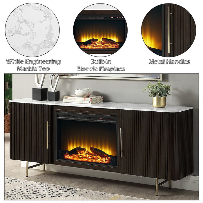 Clayten - Server With Marble Top & Fireplace - White & Espresso