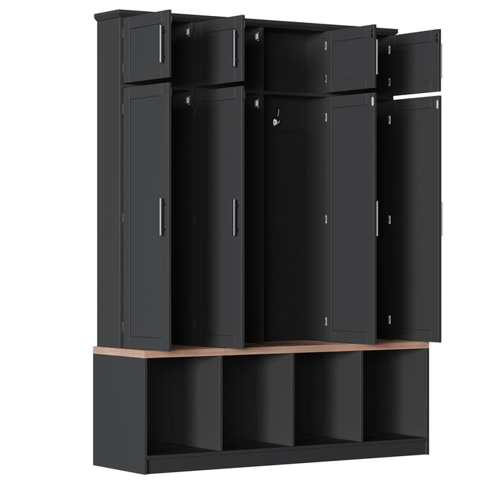 Farmhouse Hall Tree With 4 Hidden Hanging Hooks And 8 Doors