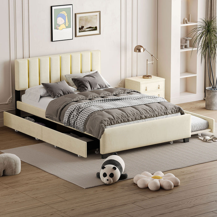 Upholstered Platform Bed With 2 Drawers And 1 Trundle, Classic Strip Headboard Design