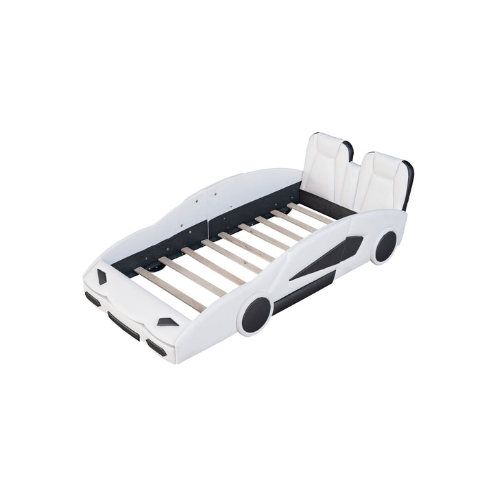 Race Car Shaped Twin Platform Bed With Wheels, Pine Wood Construction