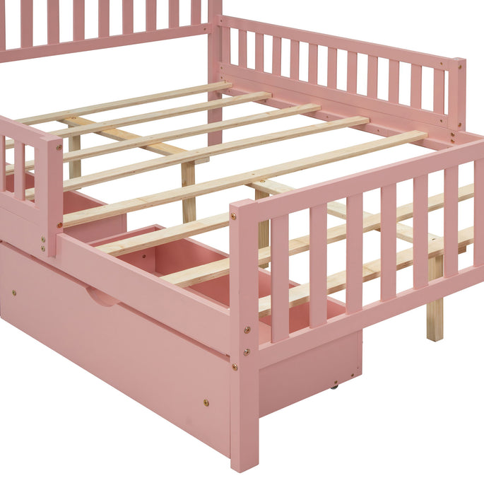 Platform Bed With Guardrails On Both Sides And 2 Storage Drawers