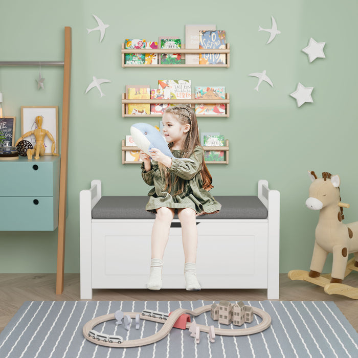 Kids Toy Box Chest Storage Cabinet With Cushion Seat Bench Flip Top Lid Safety Hinge - White