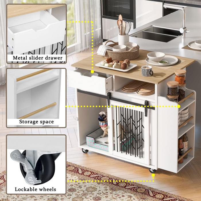 Modern Style 2 In 1 Pet Friendly Dog Crate Kitchen Island End Table Metal Pine - Natural / White
