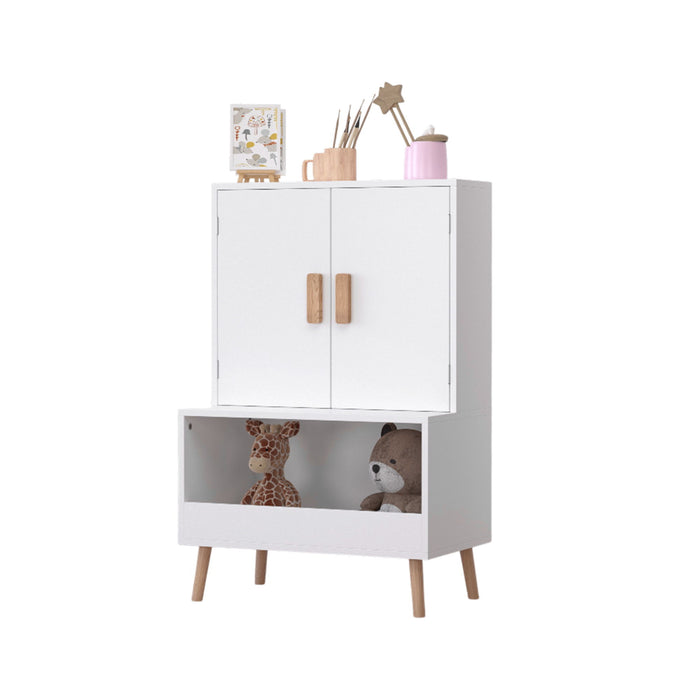 Toy Storage Cabinet With Doors And Open Shelf, Toddler Bookshelf For Playroom - White