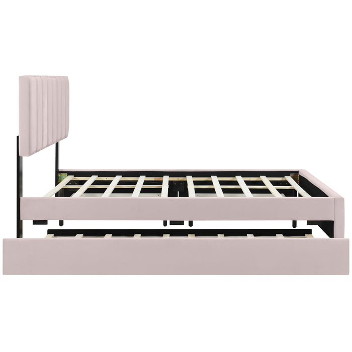 Upholstered Platform Bed With 2 Drawers And 1 Trundle, Classic Strip Headboard Design