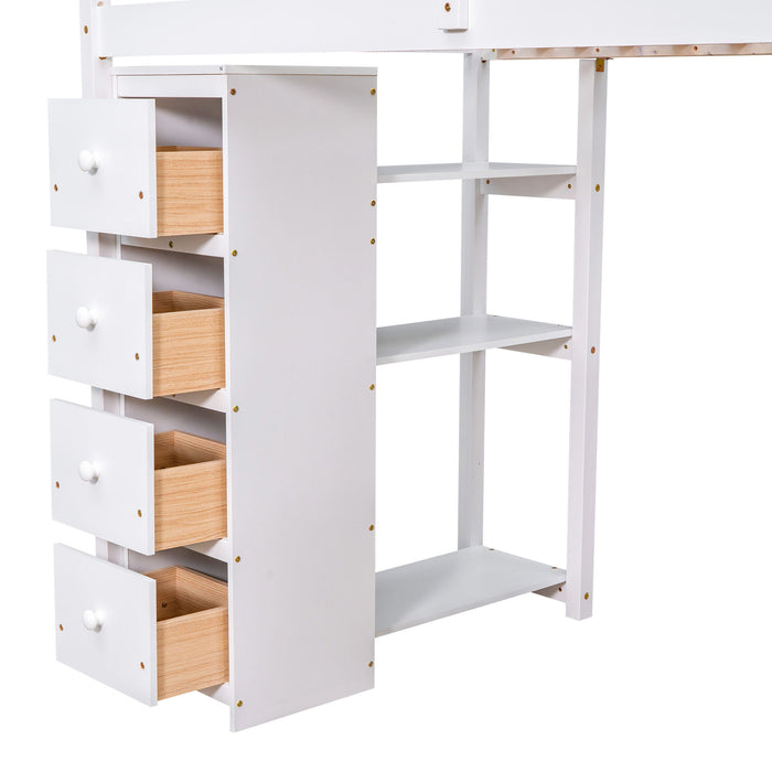 Loft Bed With Storage Drawers, Desk And Stairs With Shelves