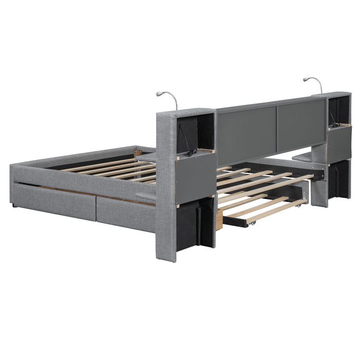 Upholstered Platform Bed With Reading Lights, Drawers, Trundle And Shelves