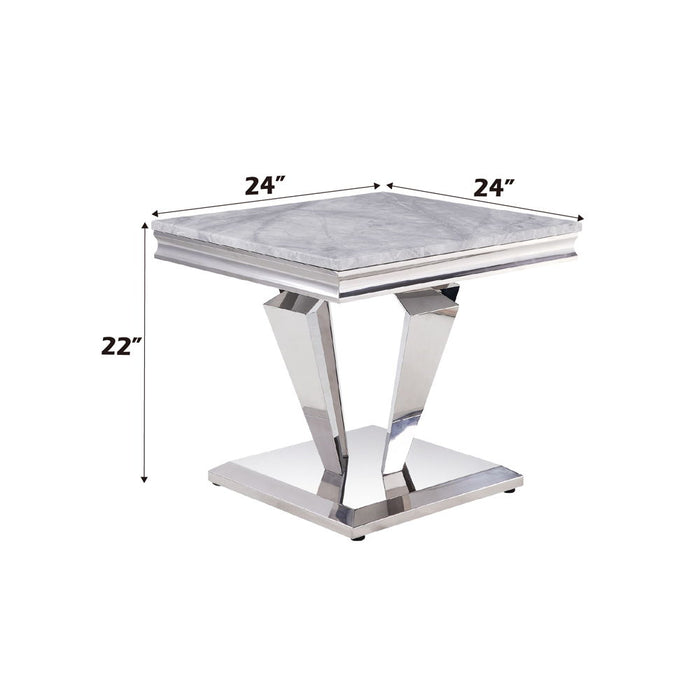 Satinka - End Table - Light Gray Printed Faux Marble Top & Mirrored Silver