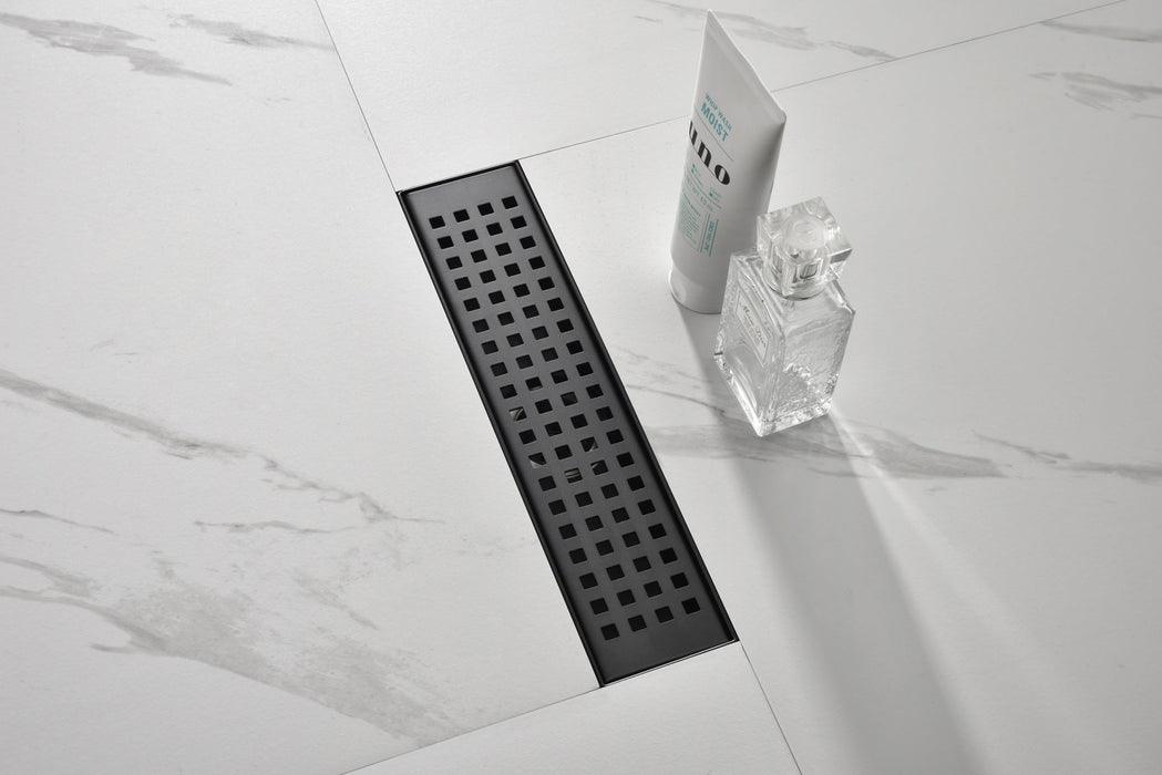 12 Inches Linear Shower Drain With Removable Quadrato Pattern Grate, 304 Stainless Shower Drain, Hair Strainer With Leveling Feet