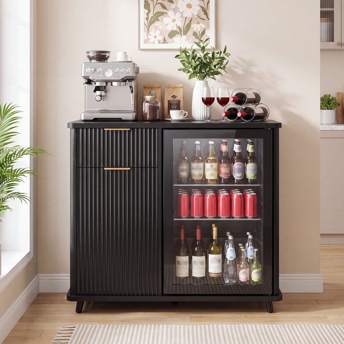 Fluted Coffee Bar Cabinet With Mini Fridge Space & Charging Station