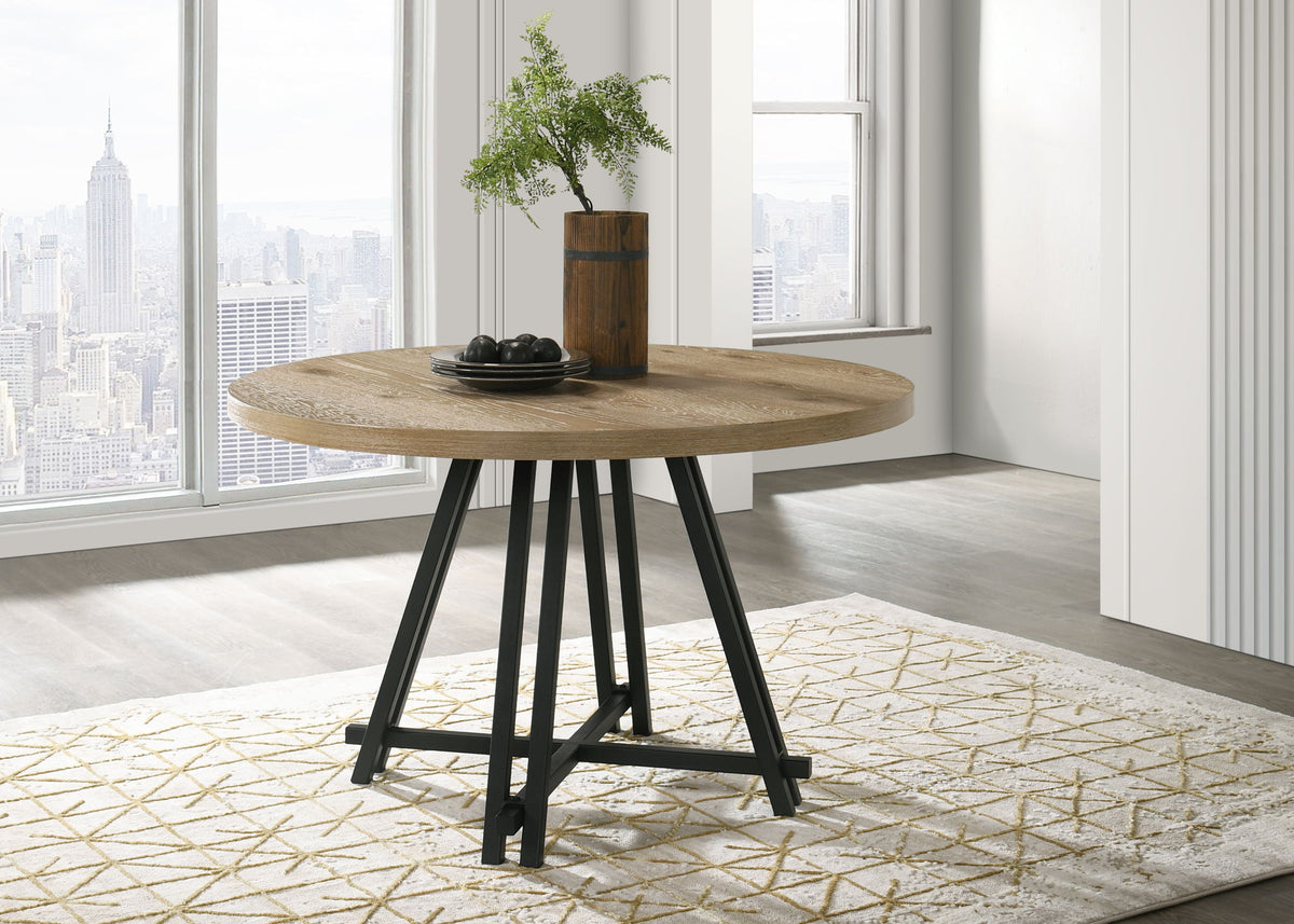 Tate Round Dining Table With Metal Base Oak Finish Quick Shipping