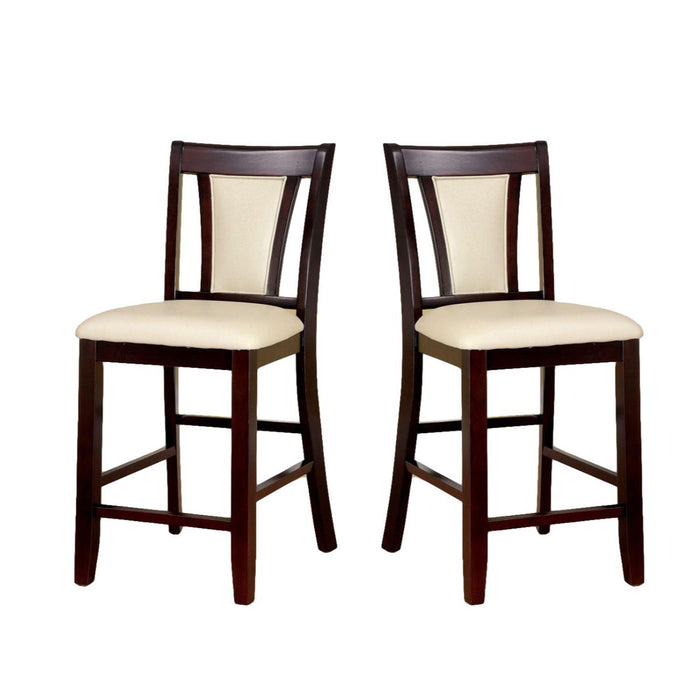 (Set of 2) Padded Ivory Leatherette Counter Height Chairs In Dark Cherry Finish
