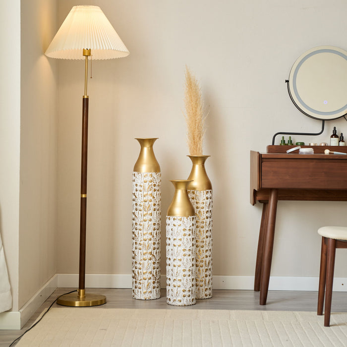 Mother's Day Gift Set Gilded White 3D Relief Flower Metal Vase Set - White / Gold