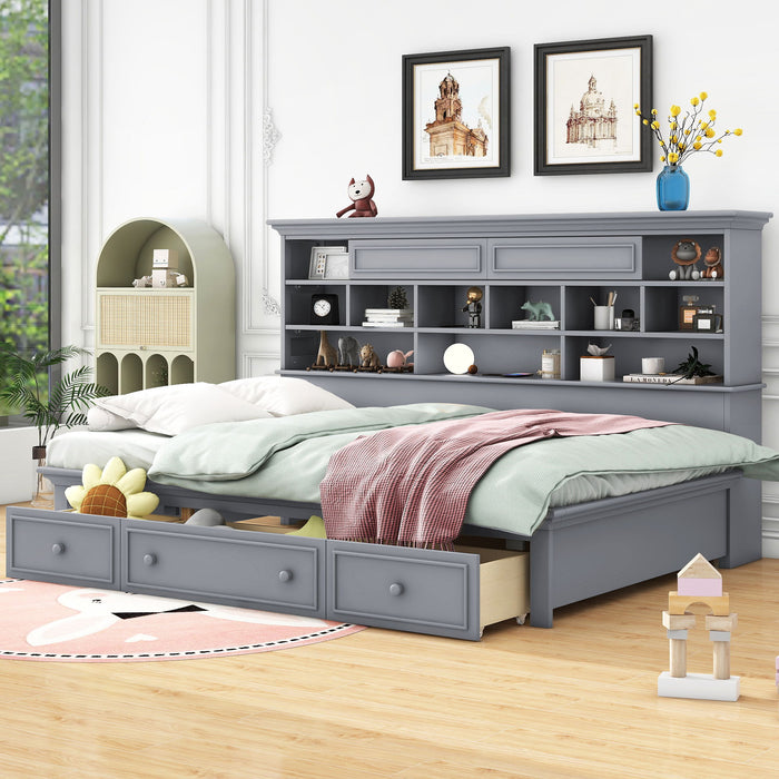 Twin Size Wood Daybed With Multi - Storage Shelves, Charging Station And 3 Drawers, Gray
