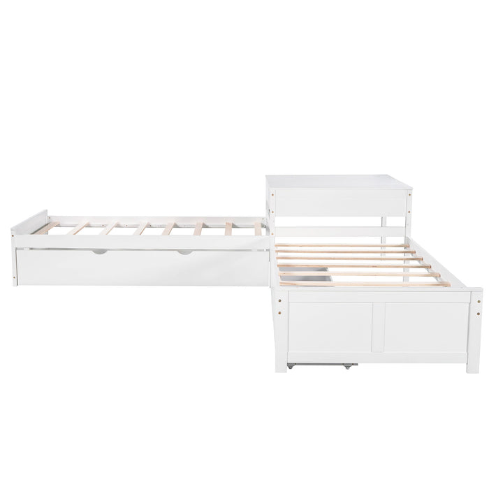 L Shaped Platform Bed With Trundle And Drawers Linked With Built In Desk