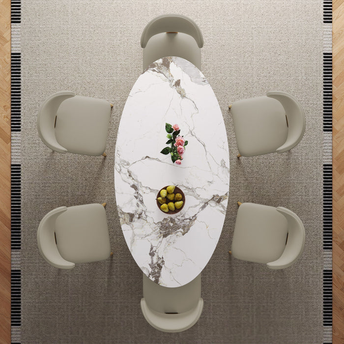 Modern Luxury Marble Dining Table Set Oval Kitchen Table With Stainless Steel Base - Gold / White Print