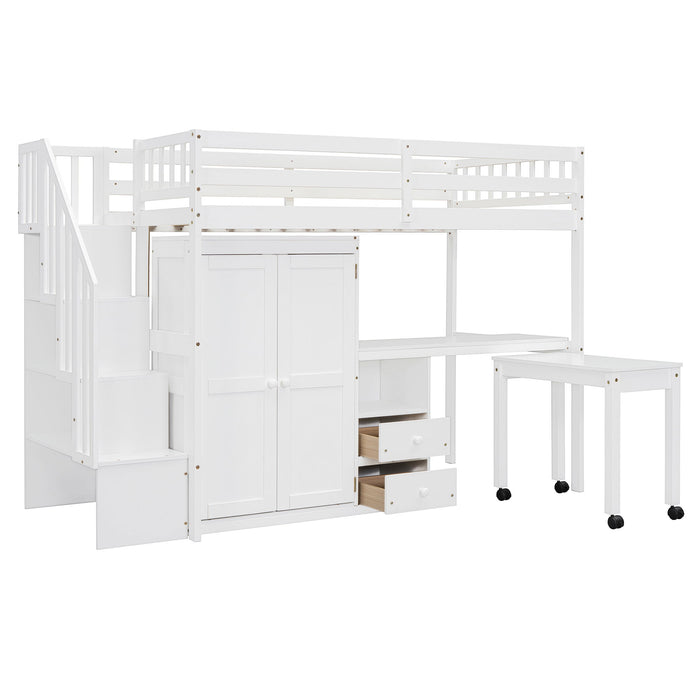 Loft Bed With Stairs, Bookshelf, Drawers, Desk & Wardrobe, Space Saving Multifunctional Furniture