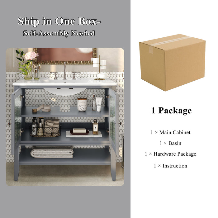 Bathroom Vanity With Ceramic Sink, Adjustable & Open Shelf