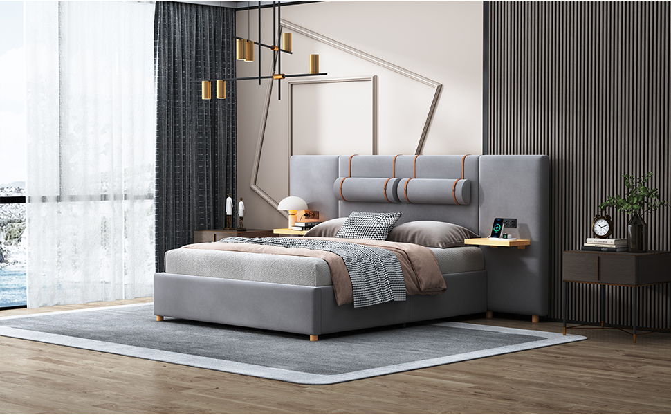 Upholstered Platform Bed, 2 Outlets And USB Charging Ports On Both Sides, 2 Bedside Pillows, Storage Shelves