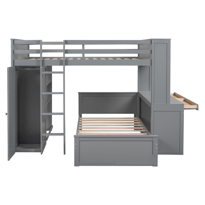 Loft Bed With A Twin Size Standalone Bed, Shelves, Desk, And Wardrobe
