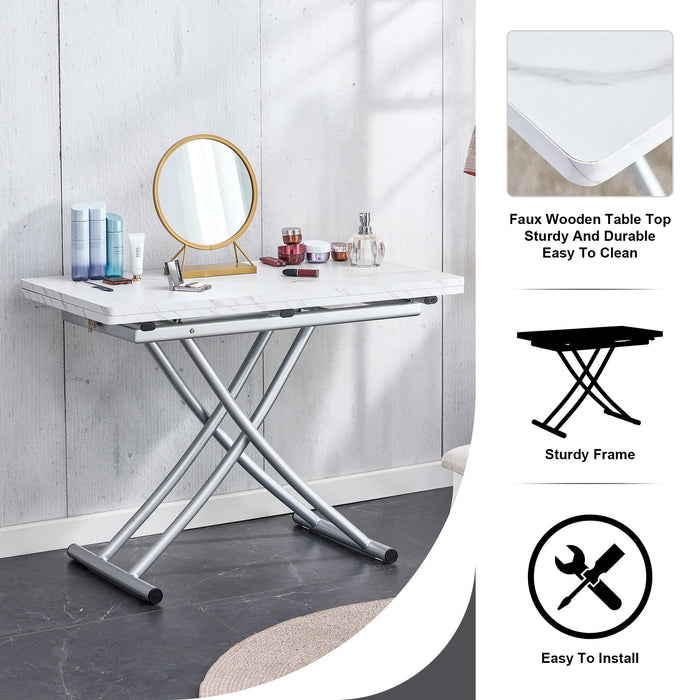 Modern Minimalist Multifunctional Lifting Platform, 0.8" White Patterned Sticker Desktop, Silver Metal Legs. Paired With 4 Faux Leather Cushioned Dining Chairs With Silver Metal Legs
