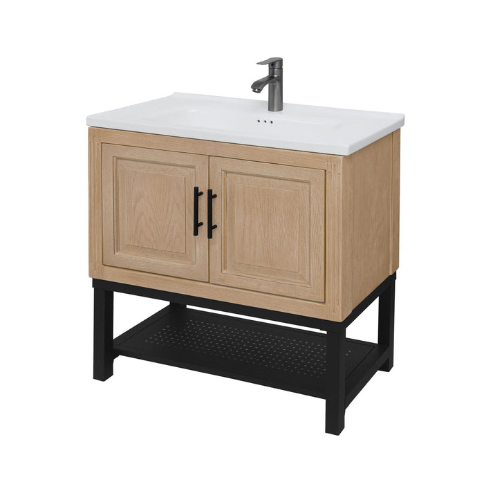Modern Freestanding Bathroom Vanity With Ceramic Sink, Hot And Cold Faucet, Storage Cabinet & Open Shelf
