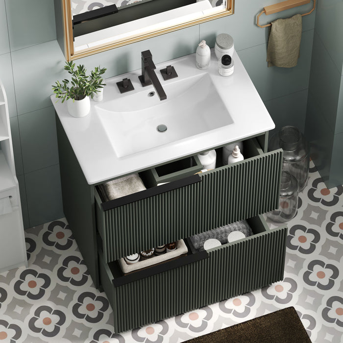 Fluted Bathroom Vanity With Ceramic Sink, Soft Close Slides