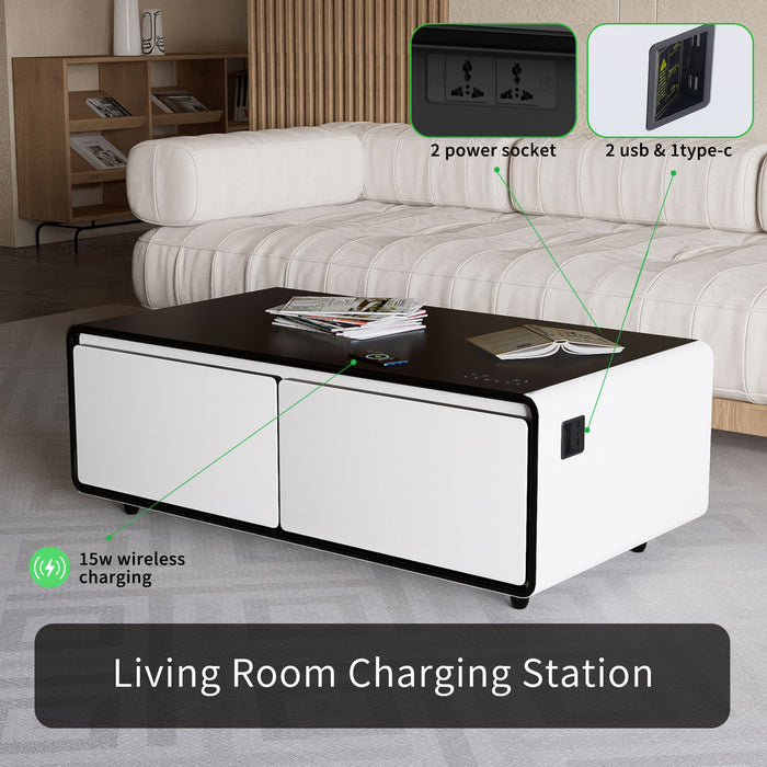 Modern Smart Coffee Table With Built-In Fridge, tooth Speaker, Wireless Charging Module, Touch Control Panel, Power Socket, USB Interface, Outlet Protection, Atmosphere Light