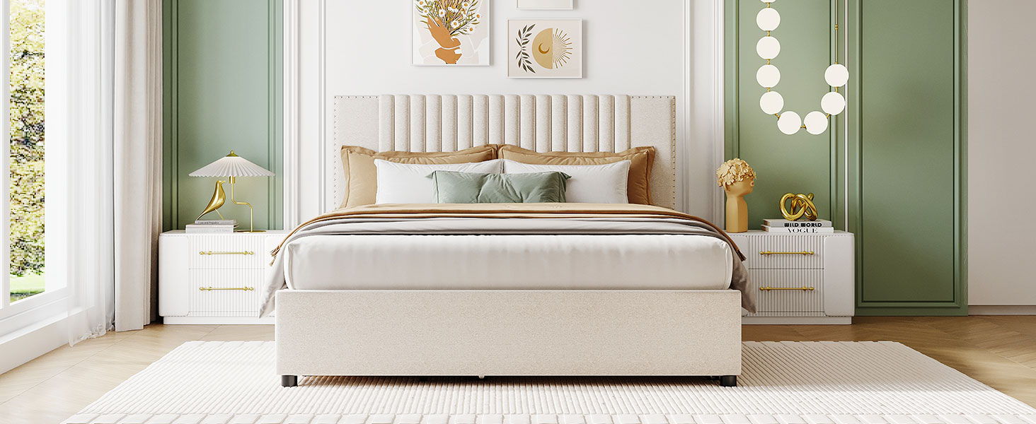 Upholstered Platform Bed With Drawers, Classic Headboard Design