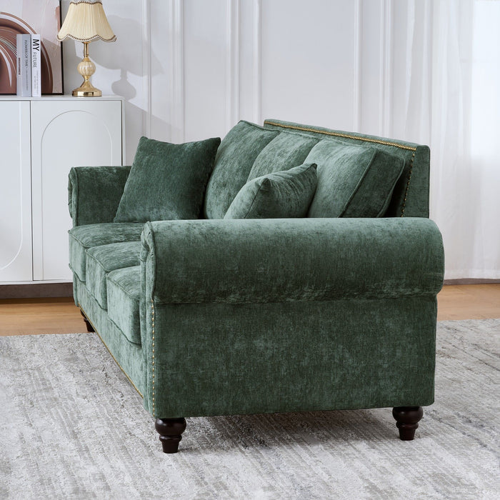 3 Seater Sofa With Tufted Upholstery, Rolled Arms, Nailhead Trim