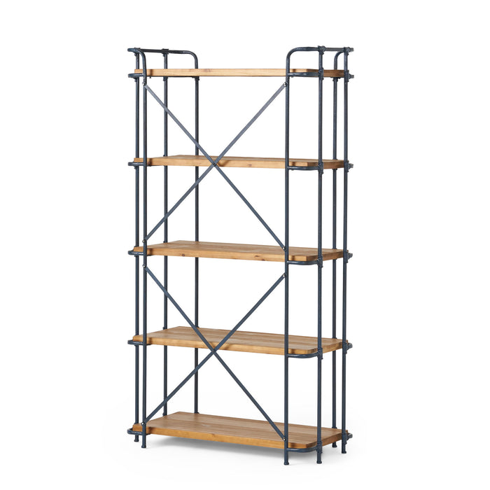 Yorktown - Industrial 5 Shelf Bookcase With Metal Pipework And Solid Fir - Natural