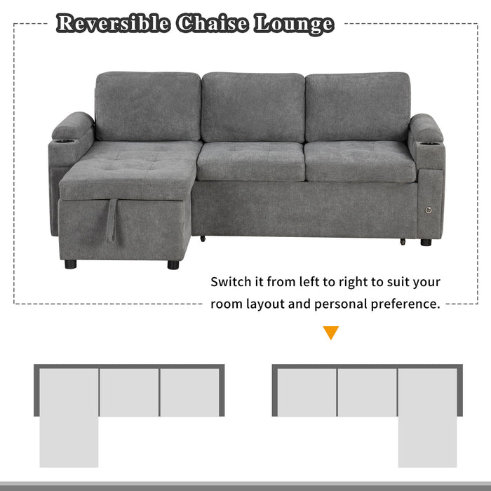 Convertible L Shaped Sofa Couch With Storage, Cup Holders, USB Ports