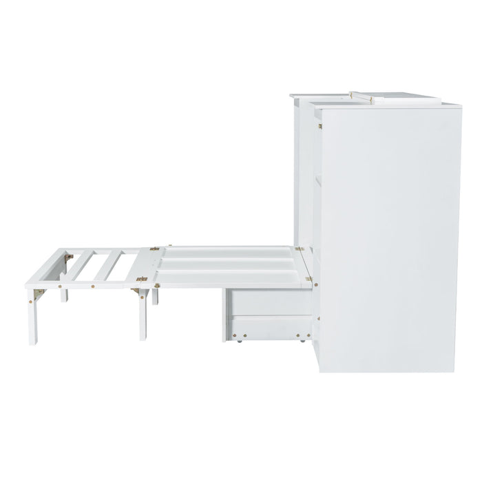 Twin Size Murphy Bed With Bedside Shelves And Wardrobe - White