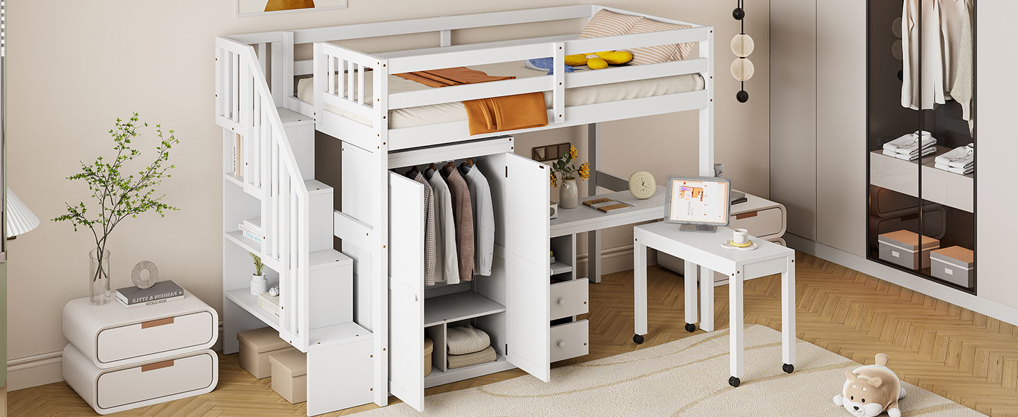 Loft Bed With Stairs, Bookshelf, Drawers, Desk & Wardrobe, Space Saving Multifunctional Furniture