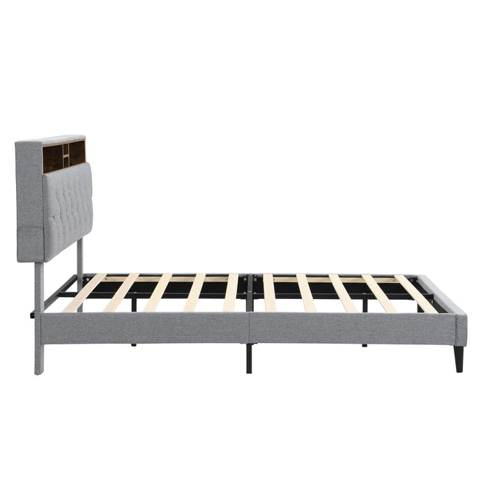 Modern Upholstered Platform Bed Frame With Button Tufted Headboard And USB Ports