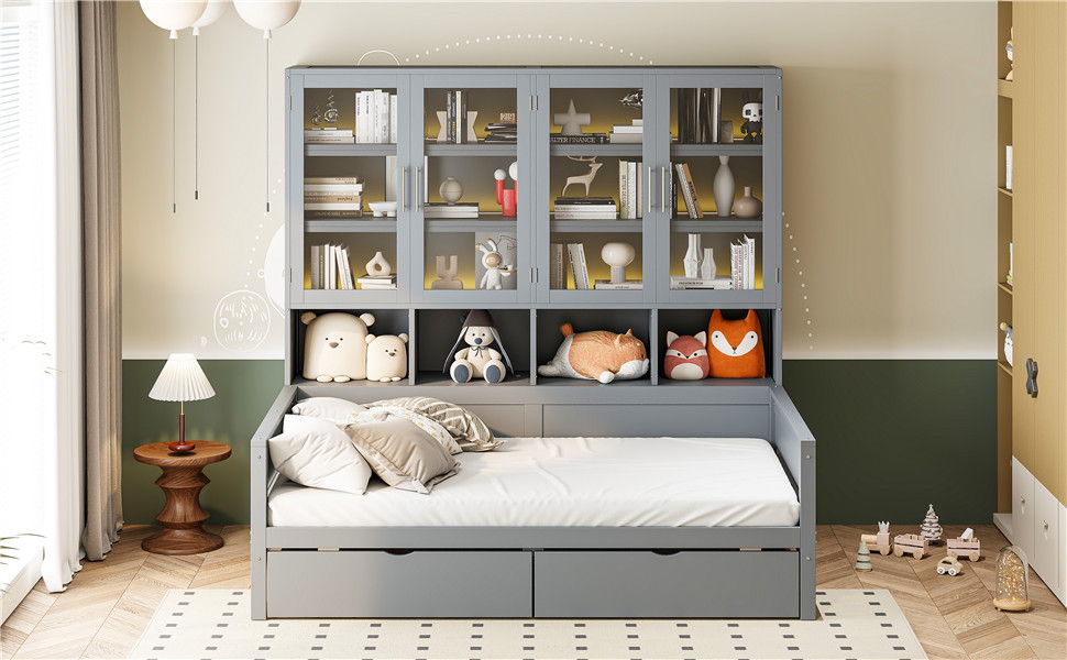 Daybed With Glass Door Storage Cabinets, Built In LED Lighting And Shelves