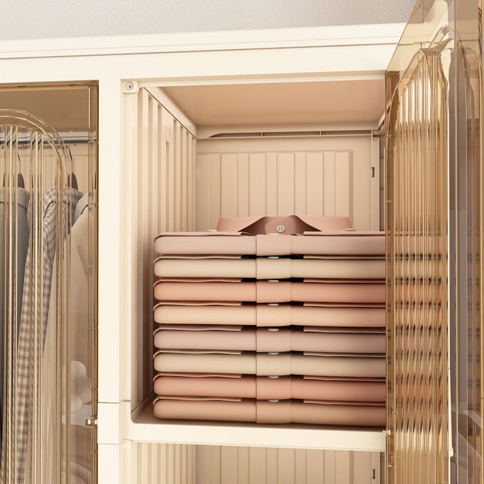 Portable Wardrobe Closet Storage Organizer With 12 Magnetic Doors, 12 Cubes, Hanging Rod & 6 Hangers - Creamy White