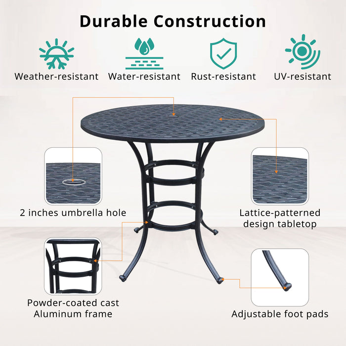 Cast Aluminum Round Counter Table With Lattice Design And Umbrella Hole - Dark Lava Bronze