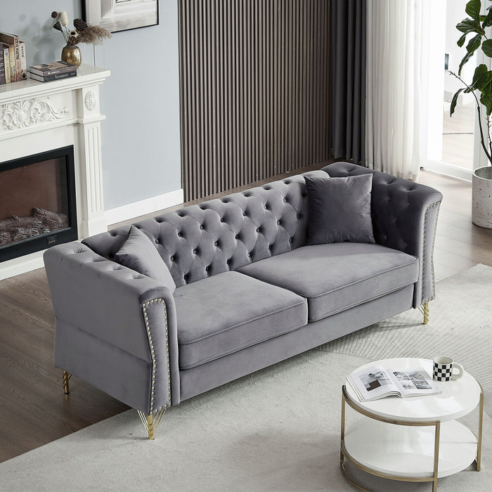 Chesterfield Sofa Grey Velvet For Living Room, 3 Seater Sofa Tufted Couch With Metal Foot And Nailhead For Living Room, Bedroom, Office, Two Pillows
