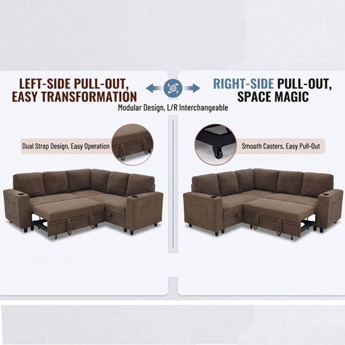 Upholstered L - Shape Sectional Sofa Bed With Pull Out Sleeper And Storage