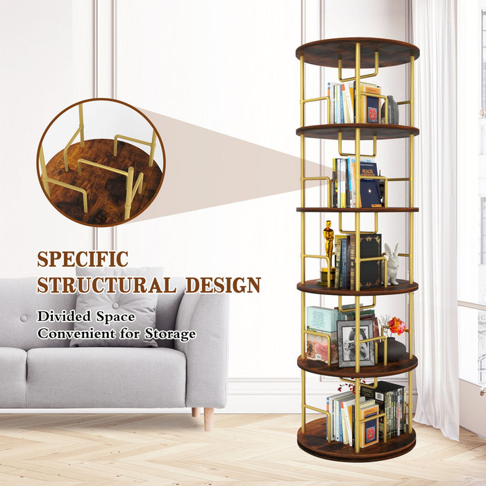 5 Tier 360 Rotating Bookshelf, Display Round Floor Standing Swivel Bookcase For Bedroom - Golden