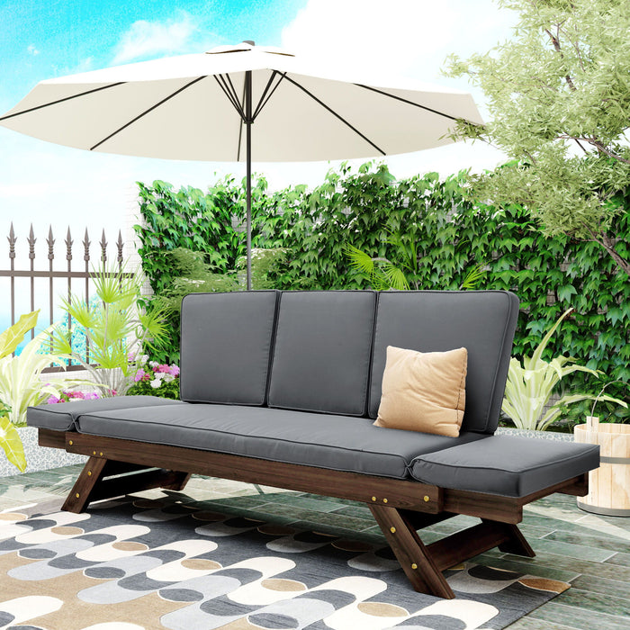 Topmax Outdoor Adjustable Patio Wooden Daybed Sofa Chaise Lounge With Cushions For Small Places, Brown Finish / Gray Cushion