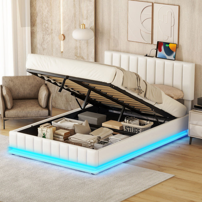 Upholstered Bed With Hydraulic Storage System And LED Light, With Sockets And USB Ports
