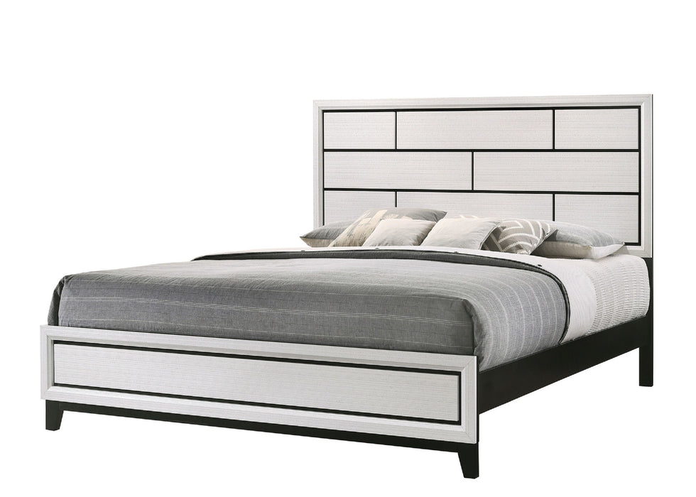 Cotemporary White Finish King Size Panel Low - Profile Bed Geometric Design Wooden Bedroom Furniture